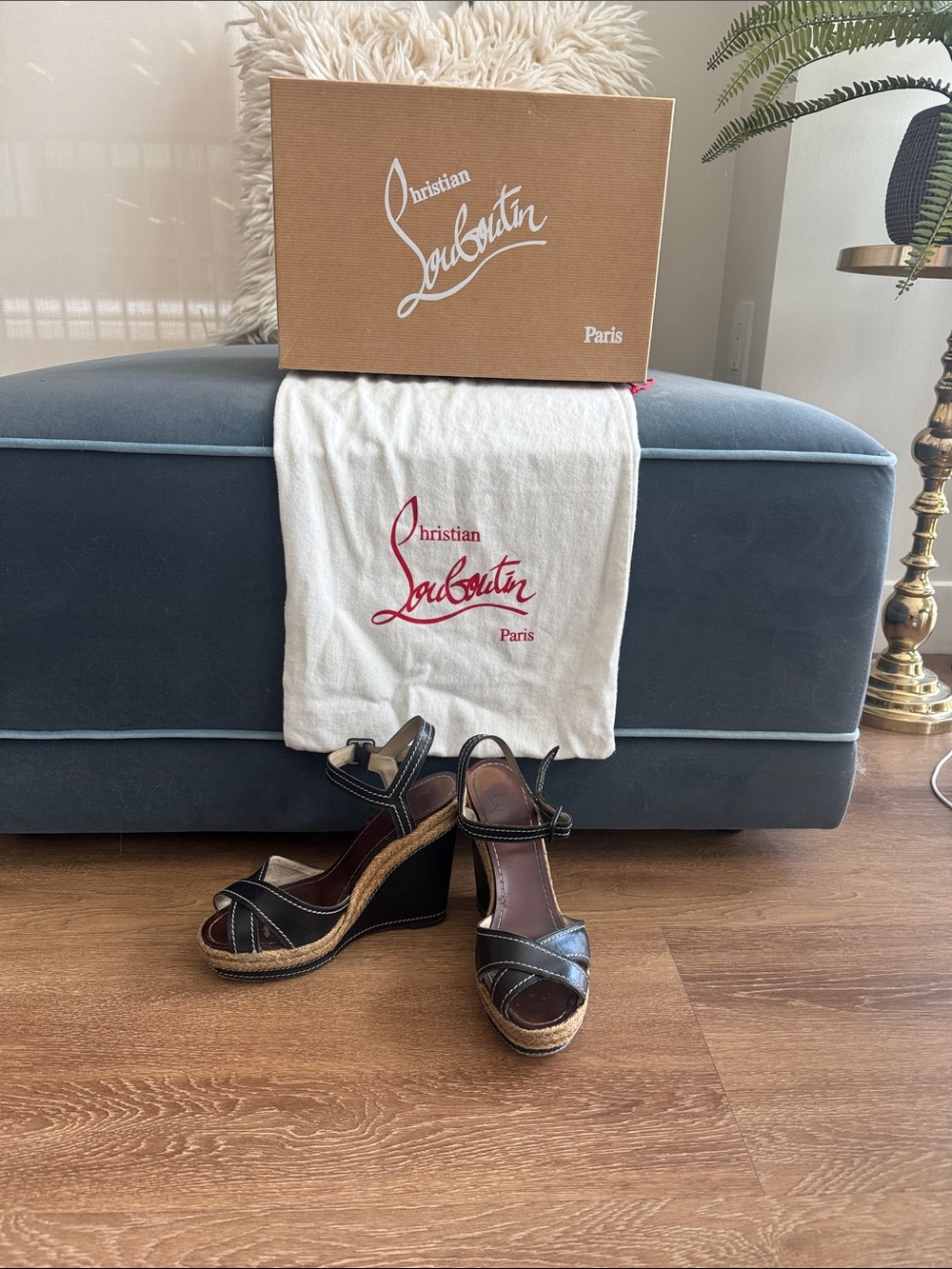 Christian Louboutin Black Leather Wedge Sandals with Espadrille Platform